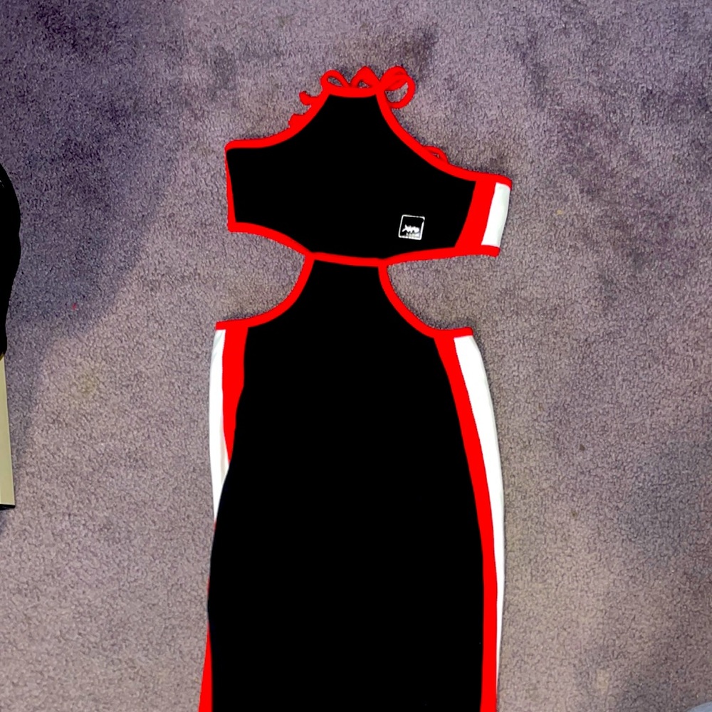 Long black,red, and white backless dress